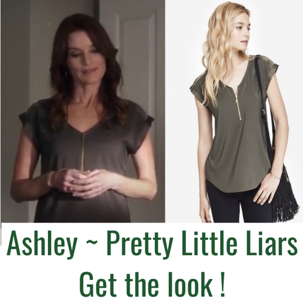 Silky Short Sleeve Blouse Flowy Vneck Zipper Neck ASO Olive Green Size Medium